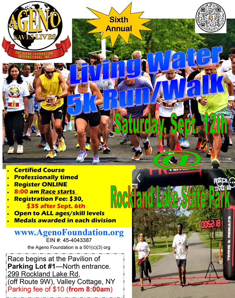 Poster for Living Water 5k Run/Walk on Sept. 12 at Rockland Lake State Park, showing runners and event details. Includes registration info, fees, and contact details.