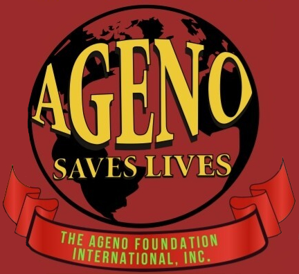 A maroon image featuring a globe with the word "AGENO" in large yellow letters. Below it, the phrase "SAVES LIVES" is written in red. A red ribbon at the bottom displays "THE AGENO FOUNDATION INTERNATIONAL, INC." in yellow text, highlighting their charity work and dedication to water-related donations.