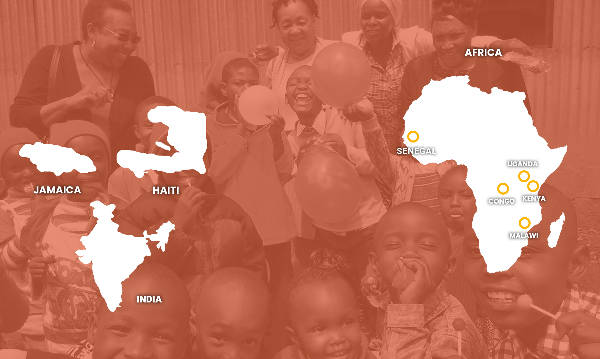 A group of smiling children and adults with balloons. Overlaid map shows Jamaica, Haiti, India, and parts of Africa, highlighting Senegal, Uganda, Congo, Kenya, and Malawi with yellow markers.