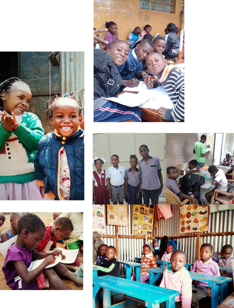 A collage of images showing happy children in various educational settings. Some are outdoors, smiling and laughing by the water, while others are indoors, engaged in learning activities like writing, reading, and sitting in classrooms. The children appear joyful and enthusiastic. Donate to support their education!